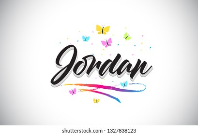 Jordan Handwritten Word Text with Butterflies and Colorful Swoosh Vector Illustration Design.