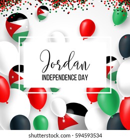 Jordan happy independence day background with waving flag, confetti with national colors. Green, red, black, white. Template design layout for card, banner, poster, flyer, card. EPS10.