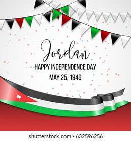Jordan happy independence day background with waving flag, confetti with national colors. Green, red, black, white. Template design layout for card, banner, poster, flyer, card. EPS10.
