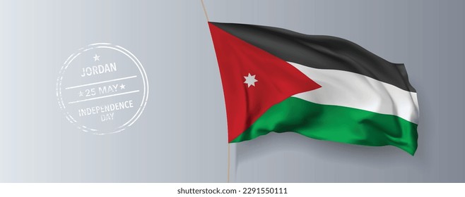 Jordan happy independence day greeting card, banner with template text vector illustration. Jordanian memorial holiday 25th of May design element with 3D flag with stripes