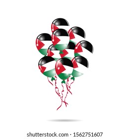 Jordan Happy National Day greeting card. balloons flag of Jordan with ribbon isolated on white background. Template for poster, banner, flyer, invitation, brochure, card, cover
