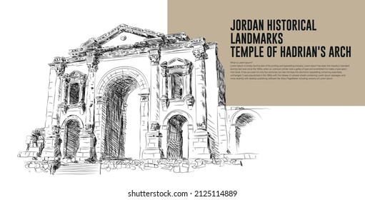 JORDAN HISTORICAL
LANDMARKS TEMPLE OF HADRIAN'S ARCH. Free Hand Drawing Art.
