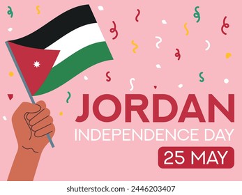 Día de la independencia de Jordania 25 de mayo. Bandera de Jordania en mano. Tarjeta de felicitación, póster, Plantilla de Anuncio	