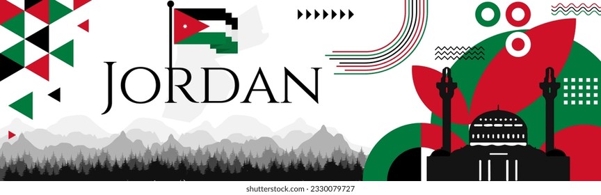 The Jordan Independence Day abstract banner design with flag and map. Flag color theme geometric pattern retro modern Illustration design. Green, white, black and Red color template.