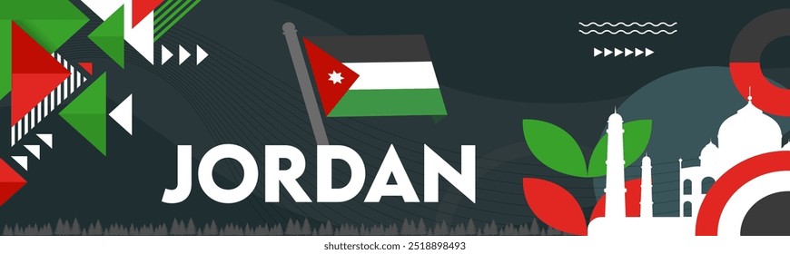 Jordan independence day banner . Jordanian flag theme background with geometric abstract retro modern design. Jordan flag. Middle East.