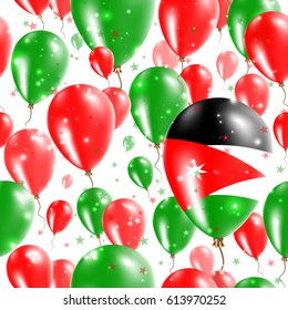 Jordan Independence Day Seamless Pattern. Flying Rubber Balloons in Colors of the Jordanian Flag. Happy Jordan Day Patriotic Card with Balloons, Stars and Sparkles.