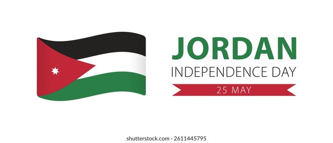 Jordan Independence Day, simple minimalist web banner design. Text Jordan Independence Day, 25 may and Jordanian flag isolated on white background.