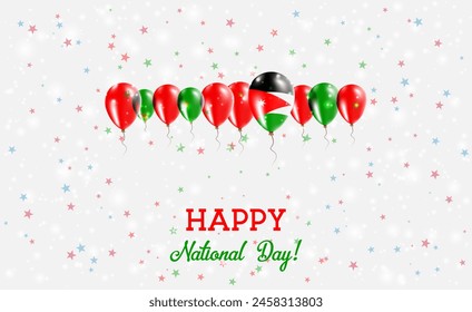 Jordan Independence Day Sparkling Patriotic Poster. Row of Balloons in Colors of the Jordanian Flag. Greeting Card with National Flags, Confetti and Stars.