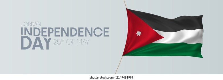 Cartel vectorial del Día de la Independencia de Jordania, tarjeta de saludo. Bandera ondulada jordana en el diseño horizontal de la fiesta nacional patriótica del 25 de mayo