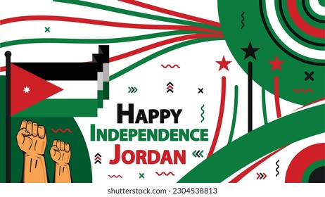 Pancarta vectorial del Día de la Independencia de Jordania con formas geométricas retro, colores de bandera jordano, bomba de puño y tipografía. Feliz Día de la Independencia de Jordania moderno diseño de afiches mínimos festividades.