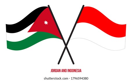 Jordan and Indonesia Flags Crossed And Waving Flat Style. Official Proportion. Correct Colors.