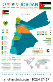 Mapa y bandera de la infografía jordana - Ilustración de vectores detallada alta
