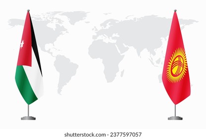 Jordan and Kyrgyzstan flags for official meeting against background of world map.