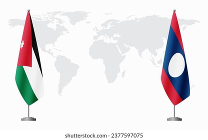 Jordan and Laos flags for official meeting against background of world map.