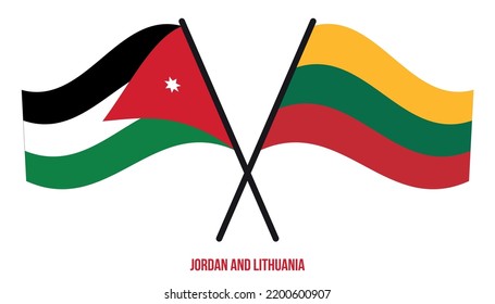 Banderas de Jordania y Lituania cruzadas y ondeadas de estilo plano. Proporción oficial. Colores correctos.