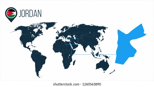 Jordan location on the world map for infographics. All world countries without names. Jordan round flag in the map pin or marker. vector illustration on stripped background.