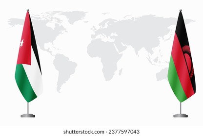 Jordan and Malawi flags for official meeting against background of world map.