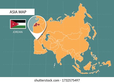 Jordan map in Asia zoom version, icons showing Jordan location and flags.