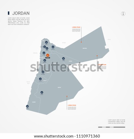 Jordan map with borders, cities, capital Amman and administrative divisions. Infographic vector map. Editable layers clearly labeled.