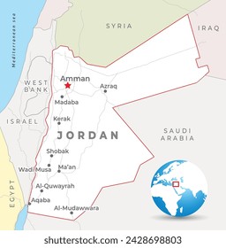 Jordan map with capital Amman, most important cities and national borders