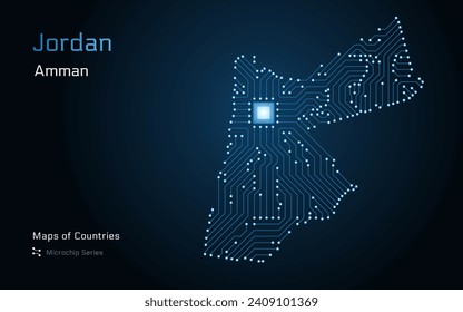 Jordan Map with a capital of Amman Shown in a Microchip Pattern. E-government. World Countries vector maps. Microchip Series	