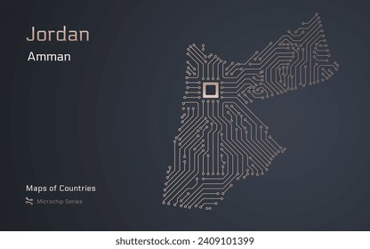 Jordan Map with a capital of Amman Shown in a Microchip Pattern. E-government. World Countries vector maps. Microchip Series	