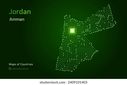 Jordan Map with a capital of Amman Shown in a Microchip Pattern. E-government. World Countries vector maps. Microchip Series	