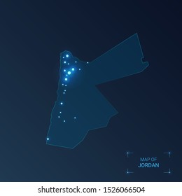 Jordan map with cities. Luminous dots - neon lights on dark background. Vector illustration.