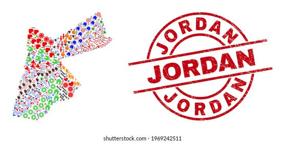 Collage de mapas jordanos y angustia la imitación del sello rojo Jordania. El sello Jordán usa líneas vectoriales y arcos. El collage de mapas de Jordania incluye engranajes, casas, lámparas, soles, manos y más íconos.