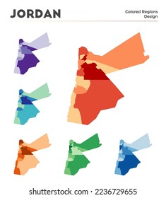 Colección de mapas de Jordania. Fronteras de Jordania para tu infografía. Regiones de países de colores. Ilustración vectorial.