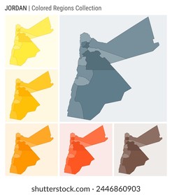 Jordan map collection. Country shape with colored regions. Blue Grey, Yellow, Amber, Orange, Deep Orange, Brown color palettes. Border of Jordan with provinces for your infographic.