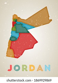 Jordan map. Country poster with colored regions. Old grunge texture. Vector illustration of Jordan with country name.