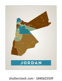 Jordan map. Country poster with regions. Old grunge texture. Shape of Jordan with country name. Superb vector illustration.