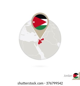 Jordan map and flag in circle. Map of Jordan, Jordan flag pin. Map of Jordan in the style of the globe. Vector Illustration.