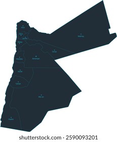 Jordan map high detailed with administrative divide by state, capital cities names, outline simplicity style. Vector illustration EPS10.