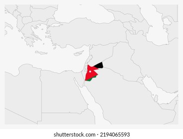 Mapa de Jordania resaltado en los colores de la bandera jordana, mapa gris con los países vecinos.