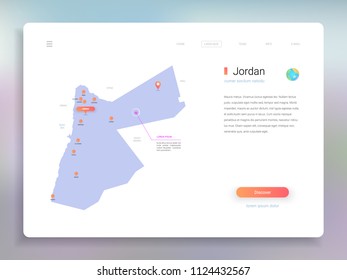 Jordan map infographics vector template with cities, capital Amman and pointer marks.
