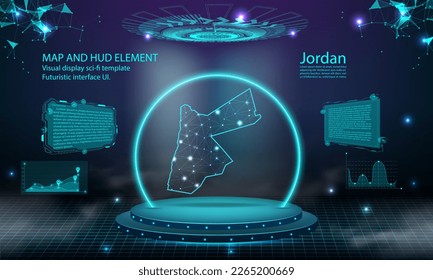 jordan map light connecting effect background. abstract digital technology UI, GUI, futuristic HUD Virtual Interface with jordan map. Stage futuristic podium in fog.