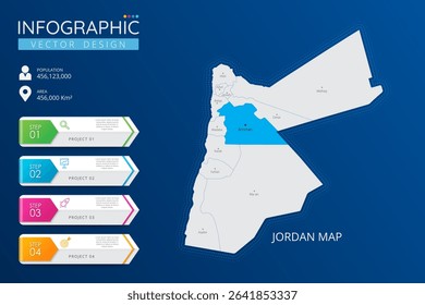 Jordan map with location pointer marks. High detailed country map with division, cities and capital infographic template. Vector illustration EPS10