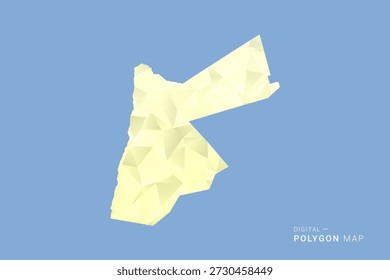 Mapa de Jordania en estilo de Vector de polígono de polietileno bajo, ilustración de forma geométrica con tonos amarillos suaves sobre fondo azul, silueta limpia para infografía.