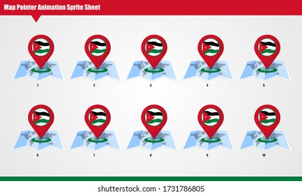 Jordan Map marker with animated flag Sprite Sheet. Smooth waving animation sprites on white background.