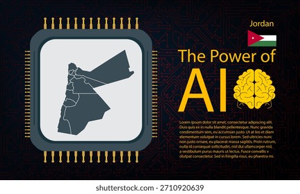 Jordan map with microchip war and AI concept on circuit board, Power of AI with country map. Global connectivity with big data. Design for UI backgrounds or FinTech projects.