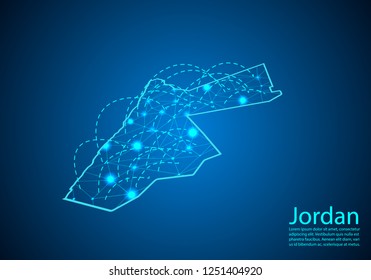jordan map with nodes linked by lines. concept of global communication and business. Dark jordan map created from white dots with travel locations or internet connection.