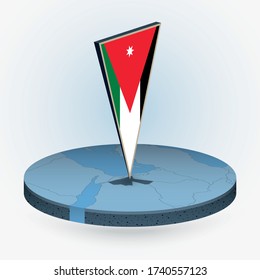 Jordan map in round isometric style with triangular 3D flag of Jordan, vector map in blue color. 