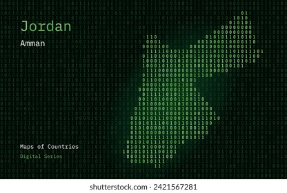 Jordan Map Shown in Binary Code Pattern. TSMC. Blue Matrix numbers, zero, one. World Countries Vector Maps. Digital Series