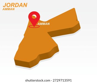 Jordan Map Vector, Amman Capital City Marker on Orange 3D Country Shape, Jordan Infographic Design, Editable Destination Pointer Jordan Geography