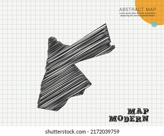 Jordan map of vector black silhouette chaotic hand drawn scribble sketch on grid paper used for notes or decoration.