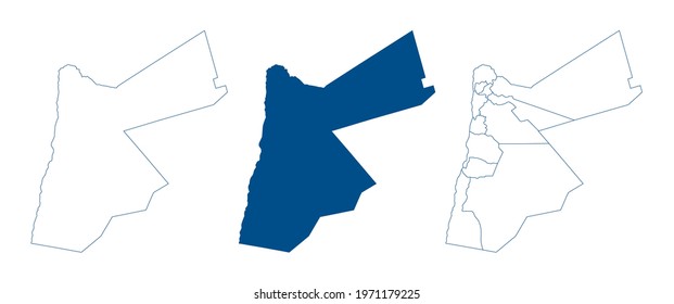 Jordan map vector. High detailed vector outline, blue silhouette and administrative divisions map of Jordan. All isolated on white background. Template for website, design, cover, infographics