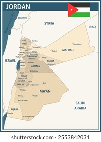 Jordan Map Vector Vintage Dark Blue Beige - Customizable layered political map of Jordan with administrative divisions for website, education, reports, news, politics, print, poster and wallpaper