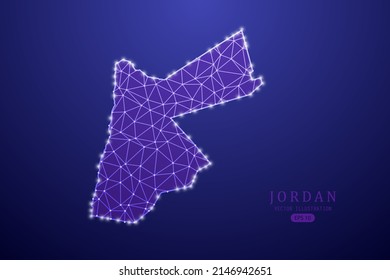 Jordan Map - Weltkarte, internationale Vektorvorlage mit violetter Mash-Linie, Punktwaage und Polygon-Stil einzeln auf violettem Hintergrund - Vektorgrafik eps10